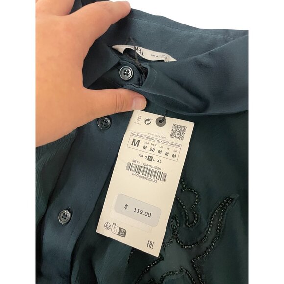 Zara Womens Top Sheer Blouse M Medium Green Embellished beaded 4786/089 NWT - Picture 6 of 14